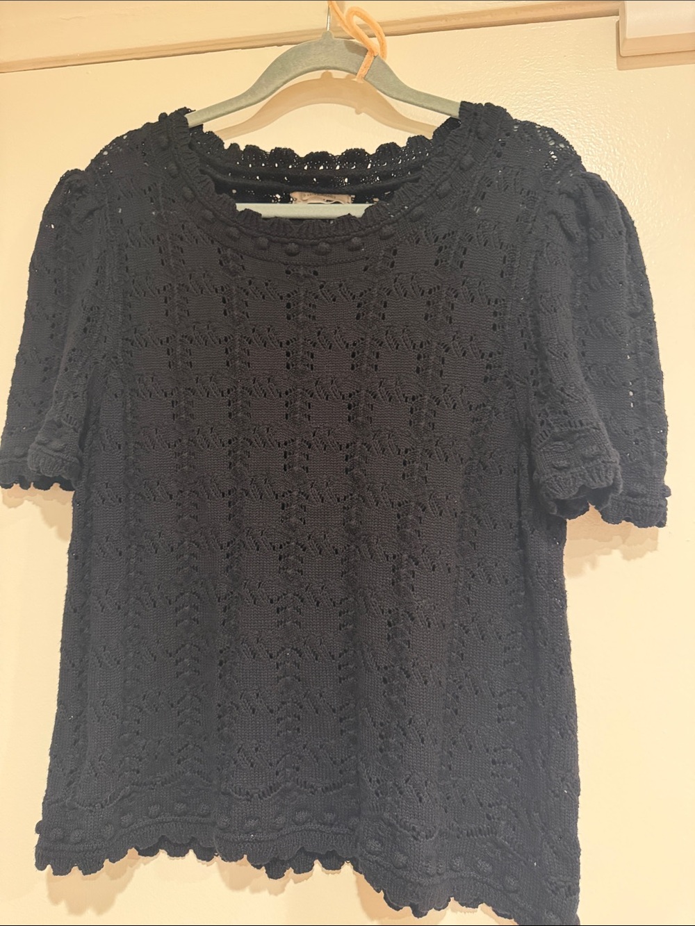 Anthropologie Black Crochet Knit Pointelle Sweater Short-Sleeve Tee (Orig $88) - Picture 4 of 4